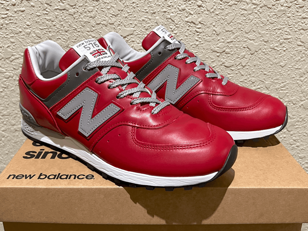 生産終了 オールレザー 廃番モデル New Balance M576RED UK製 US8 26cm 美品 中古 レッド×グレー 限定 イギリス英国製 NB 赤 スニーカー_画像2