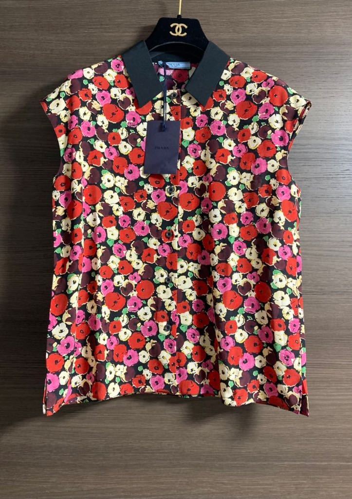  new goods unused Prada PRADA with logo floral print silk blouse shirt 40