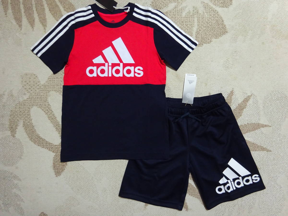 新品★adidas アディダス★140★ビッグロゴ★半袖Ｔシャツ・快適素材!! ハーフパンツ★上下★レッド/ネイビー★赤/紺★即決_画像1