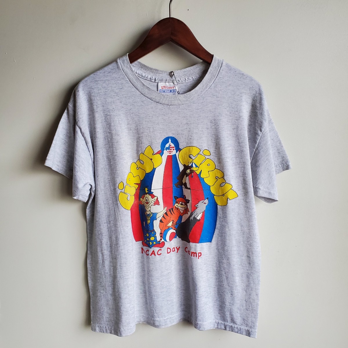 A◆90s Hanes HEAVEIGHT 50/50 半袖プリントTシャツ sizeYOUTH L(14-16) 霜降り 白～グレー系 CIRCUS サーカス 古着 中古 USED