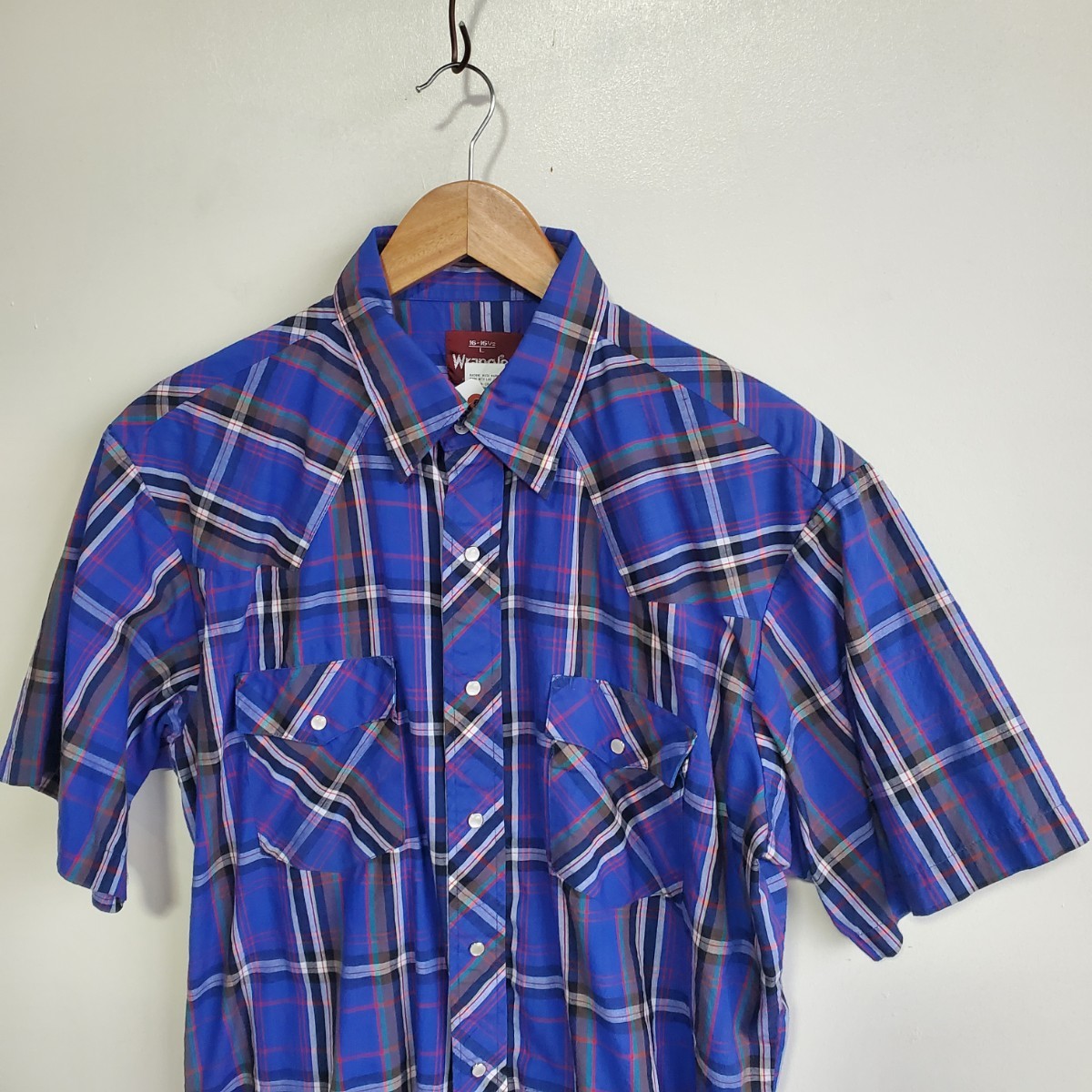 232◆ラングラー Wrangler 半袖 ウエスタンシャツ sizeL チェック柄 青ベース vintage 中古 USED アメカジの画像2