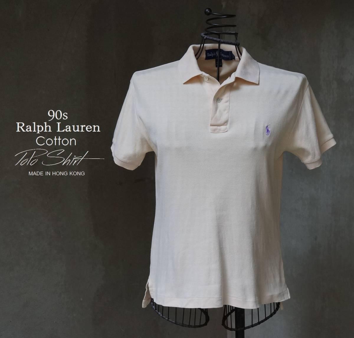 90s 香港製 ラルフローレン Ralph Lauren RN58567 薄ピンク×薄紫ポニー 半袖 ポロシャツ M