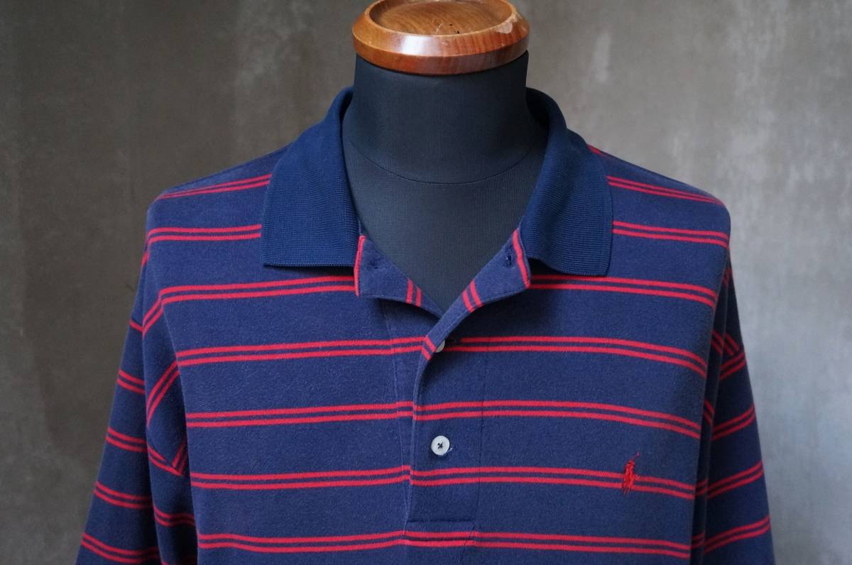 90s ポロ ゴルフ POLO GOLF 紺×赤 ボーダー 半袖 ポロシャツ L_画像3