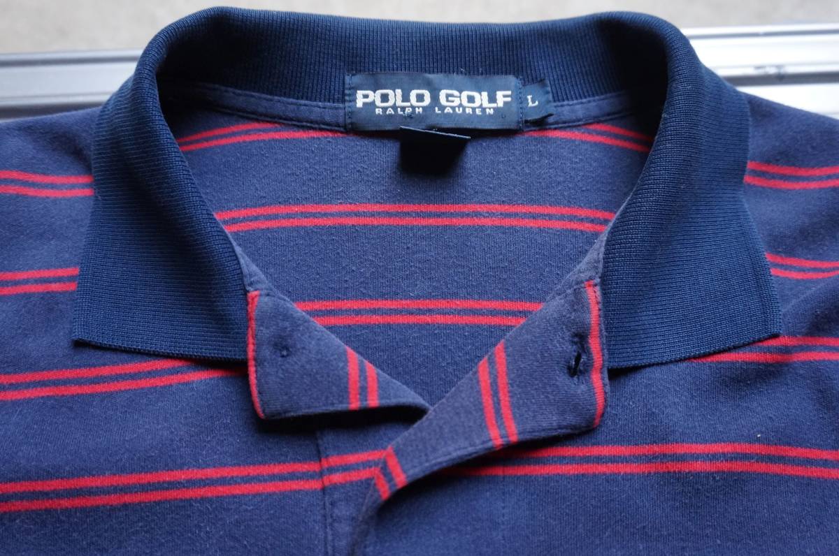 90s ポロ ゴルフ POLO GOLF 紺×赤 ボーダー 半袖 ポロシャツ L