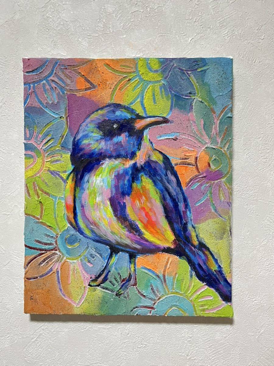 真作 直筆サイン 現代アート 原画 絵画 キャンバス 鳥 作品証明 真作 直筆サイン 現代アート 原画 絵画 キャンバス 鳥 作品証明