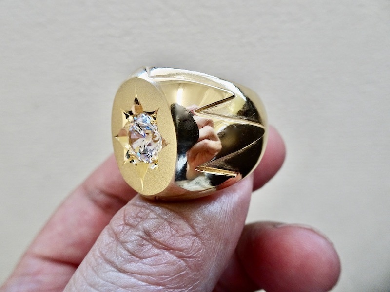仁尾彫金『一つ星ジルコニアコピアポアゴールド楕円の印台リング