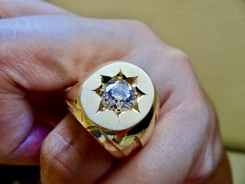 仁尾彫金『一つ星ジルコニアコピアポアゴールド楕円の印台リング