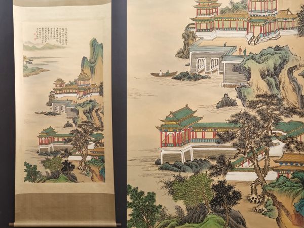 古びた蔵 中国書画 近代画家『呉湖帆 山水樓閣図 肉筆紙本』真作 掛け軸 書画立軸 巻き物 古美術_画像1