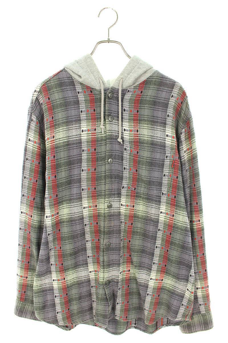 シュプリーム SUPREME 18AW Hooded Jacquard Flannel Shirt サイズ:L バックアーチロゴフーデッドチェック長袖シャツ 中古 BS99