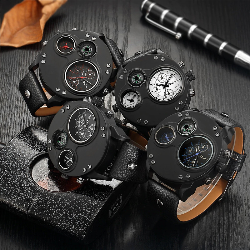 腕時計 メンズ Oulm 海外ブランド クオーツ スチームパンク 防水 レザーバンド 選べる4色 2タイムゾーン_画像3