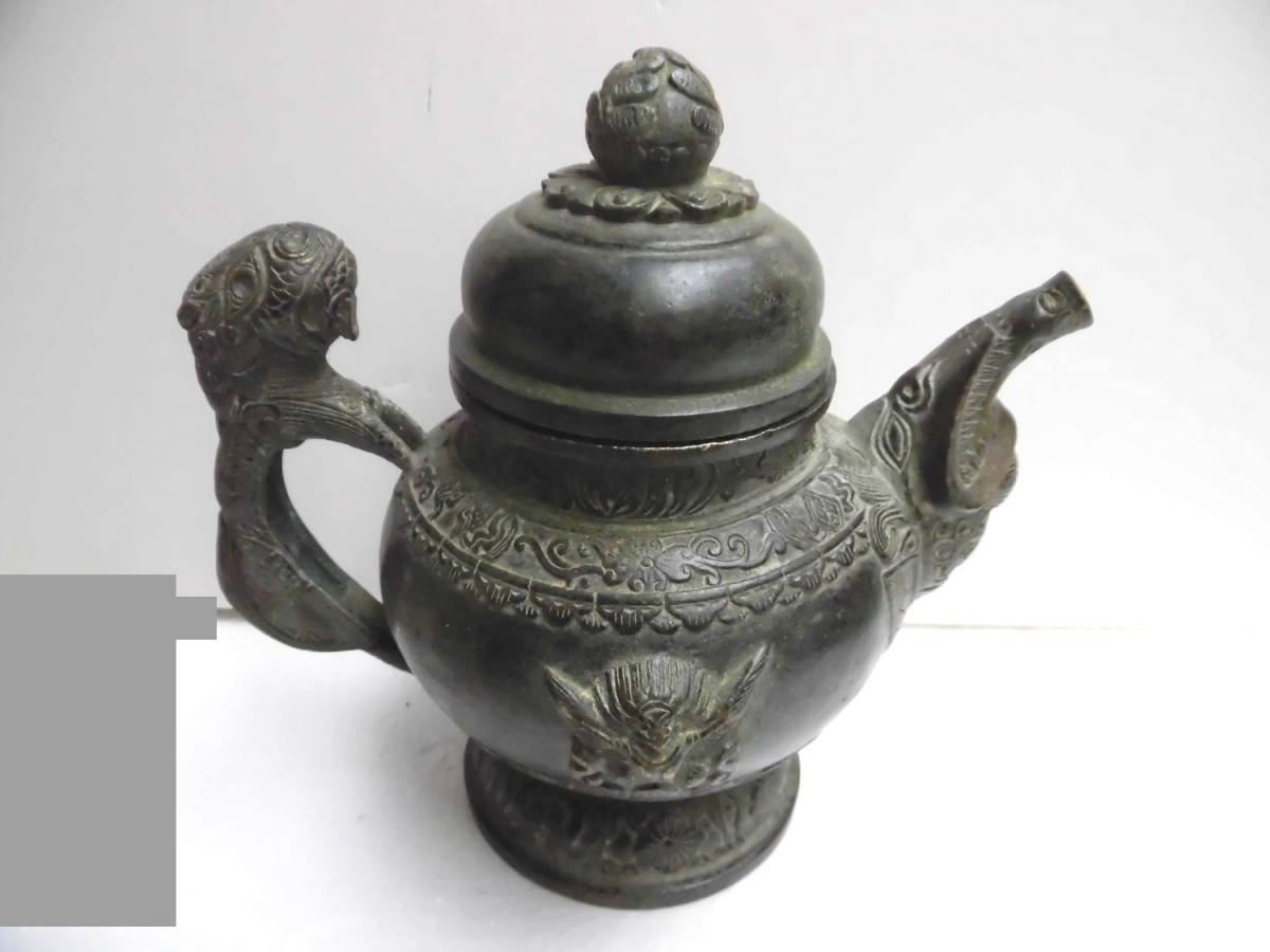 大清年製 銅製 細工彫壺 酒器 水注 幅20cm _画像1