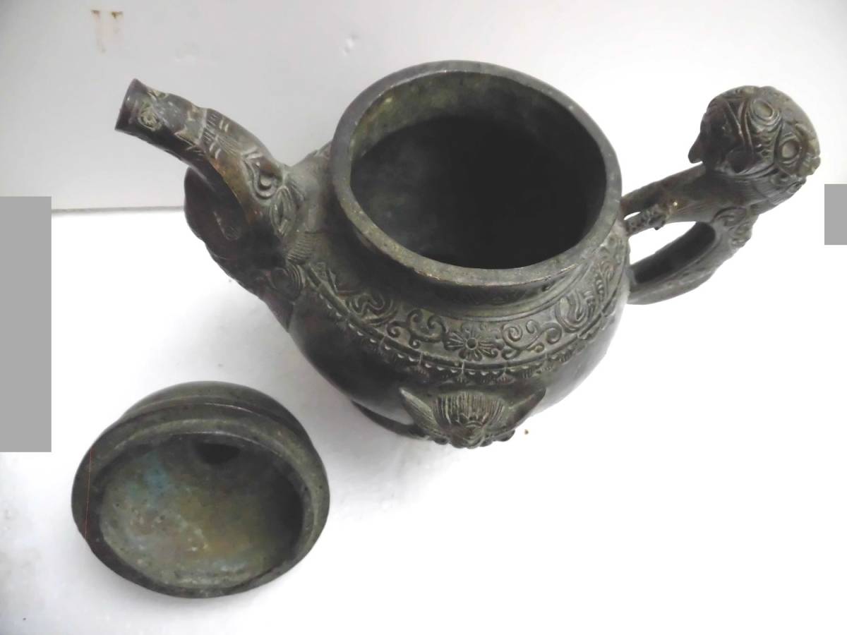 大清年製 銅製 細工彫壺 酒器 水注 幅20cm _画像5