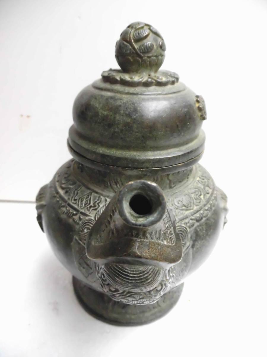 大清年製 銅製 細工彫壺 酒器 水注 幅20cm _画像2