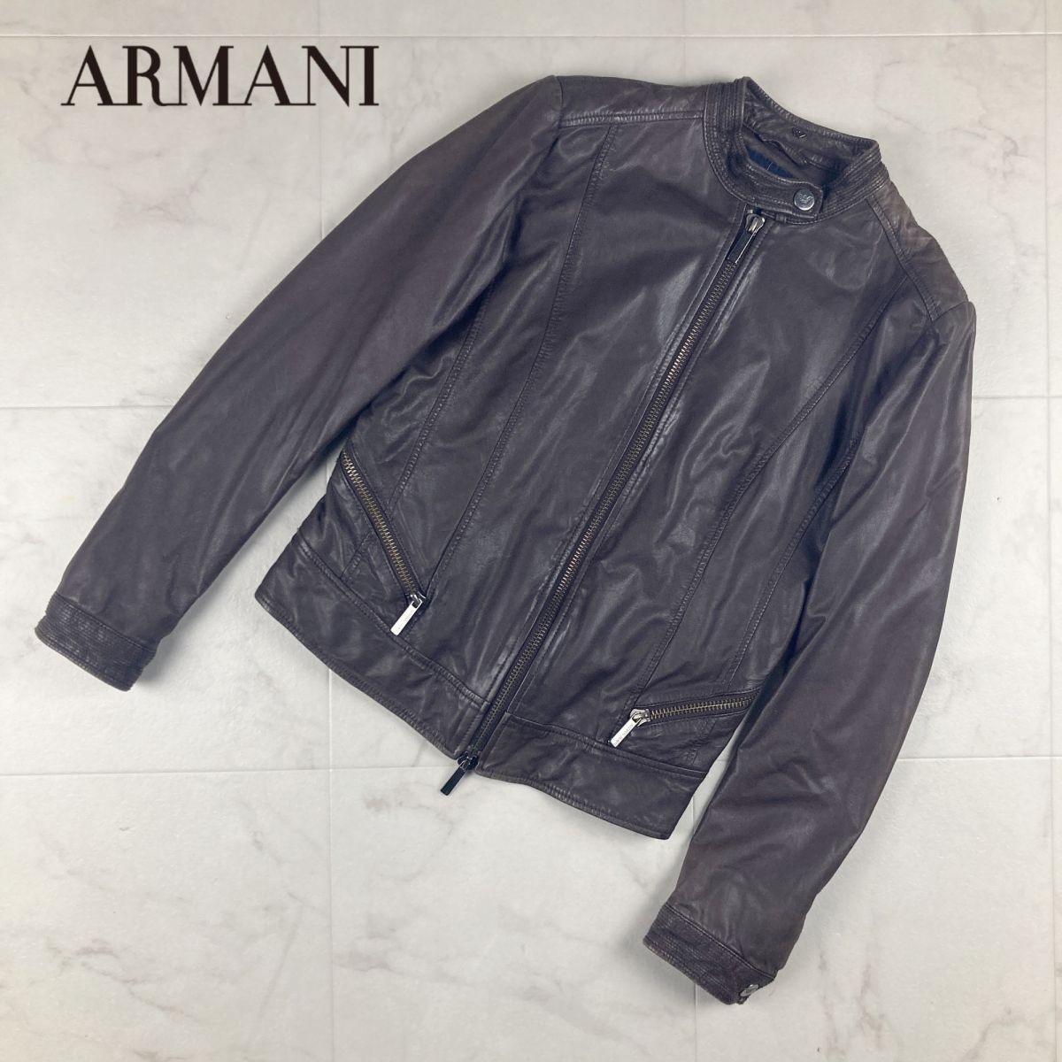 美品 ARMANI JEANS アルマーニジーンズ ラムレザー100% ライダースジャケット レディース アウター 茶色 ブラウン サイズM*DC555_画像1