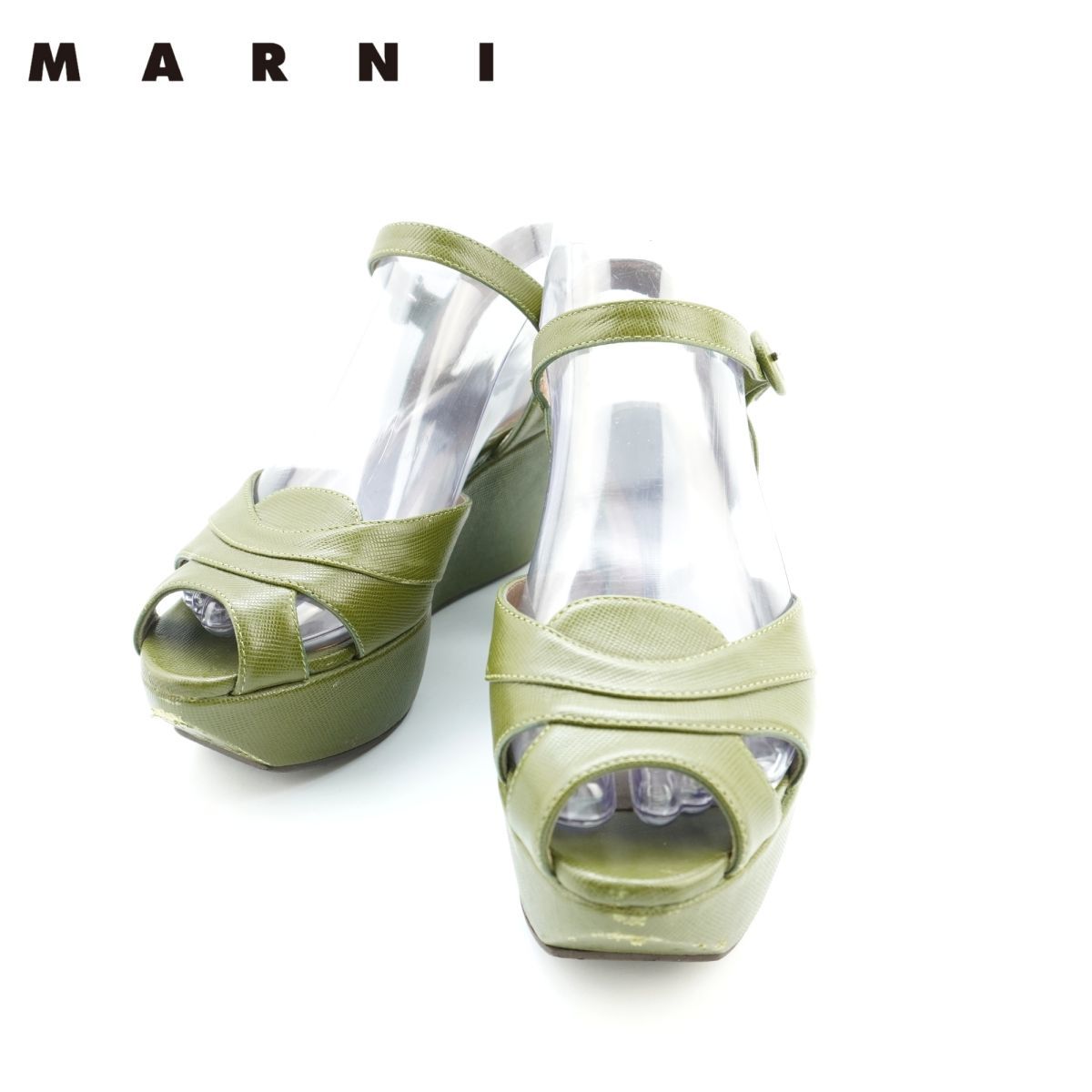MARNI マルニ 36 23.0 サンダル 厚底 アンクルストラップ イタリア製 本革 レザー カーキ グリーン/EC180_画像1