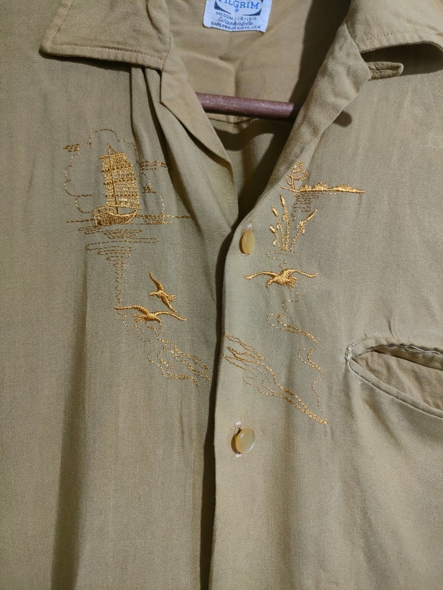 50s60s ピルグリムpilgrim レーヨンオープンカラーシャツ ヨット刺繍-