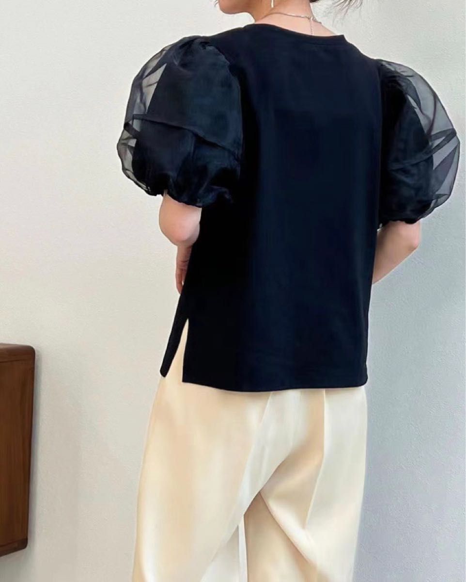 チュール　ドッキング　半袖Tシャツ レディース　可愛い　デザイン　オフィスカジュアル　パフスリーブ　韓国
