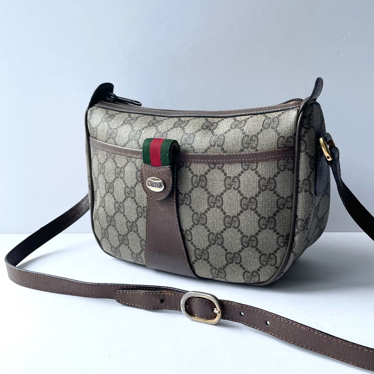 GUCCI オールドグッチ GG ショルダーバッグ PVC × レザー シェリーライン インターロッキング ゴールド金具 ブラウン