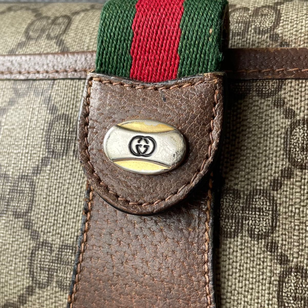 GUCCI オールドグッチ GG ショルダーバッグ PVC × レザー シェリーライン インターロッキング ゴールド金具 ブラウン