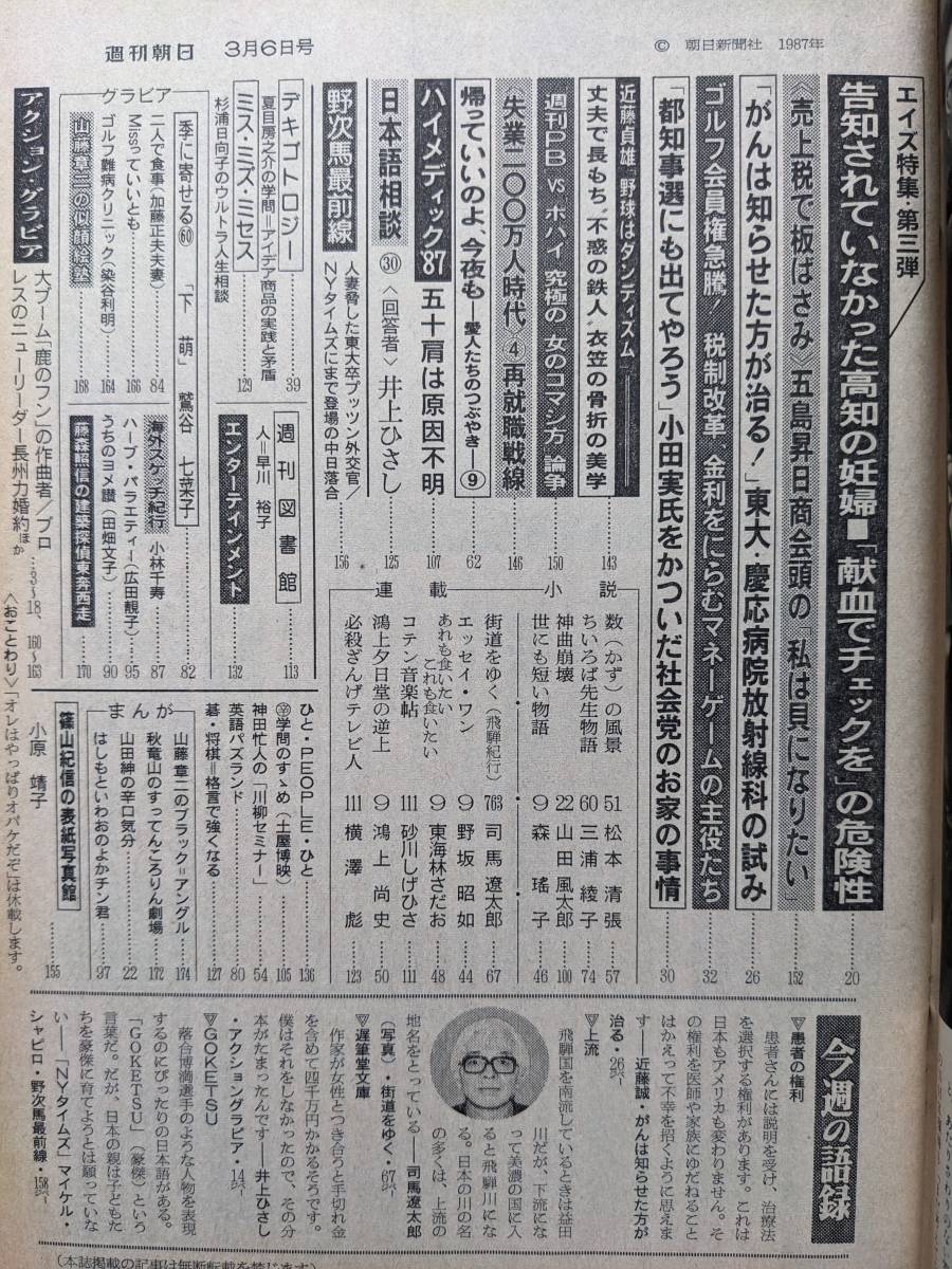 週刊朝日1987年3月6日号　小原靖子　長州力　鉄人・衣笠_画像3