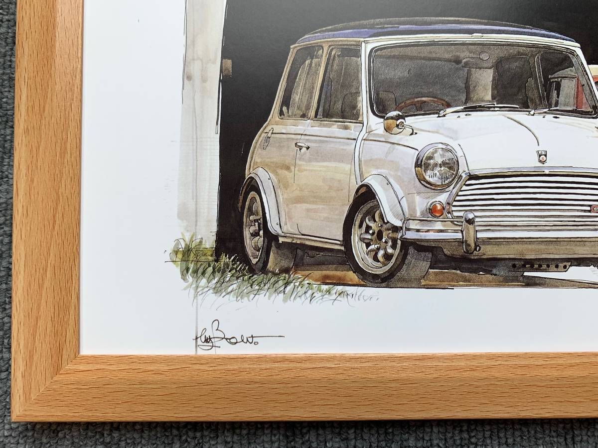 ■BOW。池田和弘『Mini Cooper `89』B5サイズ 額入り 貴重イラスト 印刷物 ポスター風デザイン 額装品 アートフレーム 旧車_画像2