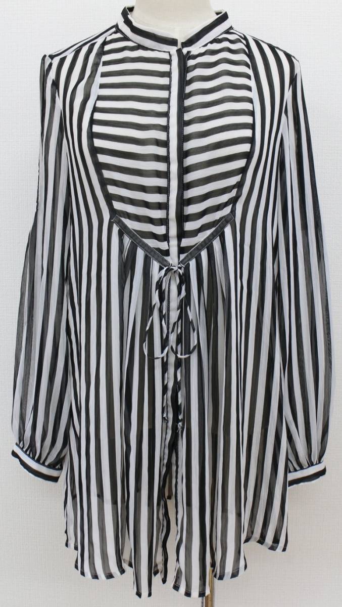 Spiral Girl ブラウス M ブラック×ホワイト ストライプ マオカラー 長袖 フライフロント 高級な 最大12%OFFクーポン 羽織物 シースルー 6694