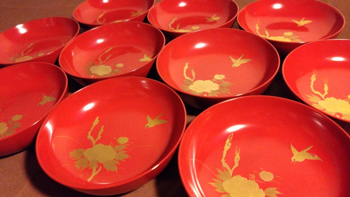 輪島塗 漆器 金蒔絵 華の図 鳥の図 豆皿 菓子鉢 アンティーク輪島塗