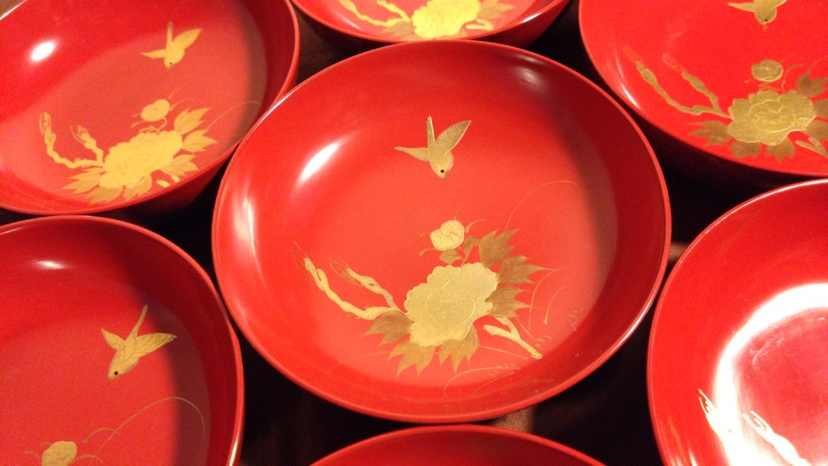 輪島塗 漆器 金蒔絵 華の図 鳥の図 豆皿 菓子鉢 アンティーク輪島塗