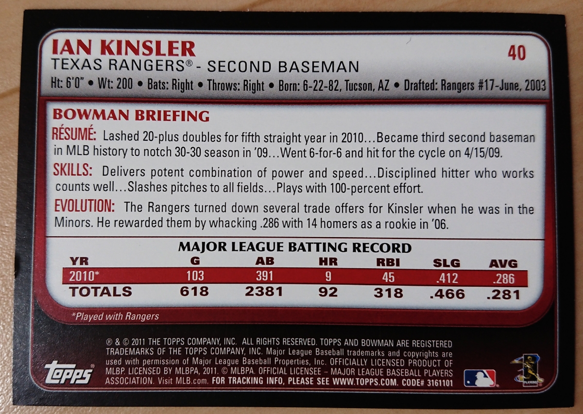 ★IAN KINSLER BOWMAN 2011 #40 MLB メジャーリーグ 大リーグ イアン キンスラー TEXAS RANGERS レンジャーズ エンジェルス エンゼルス_画像2