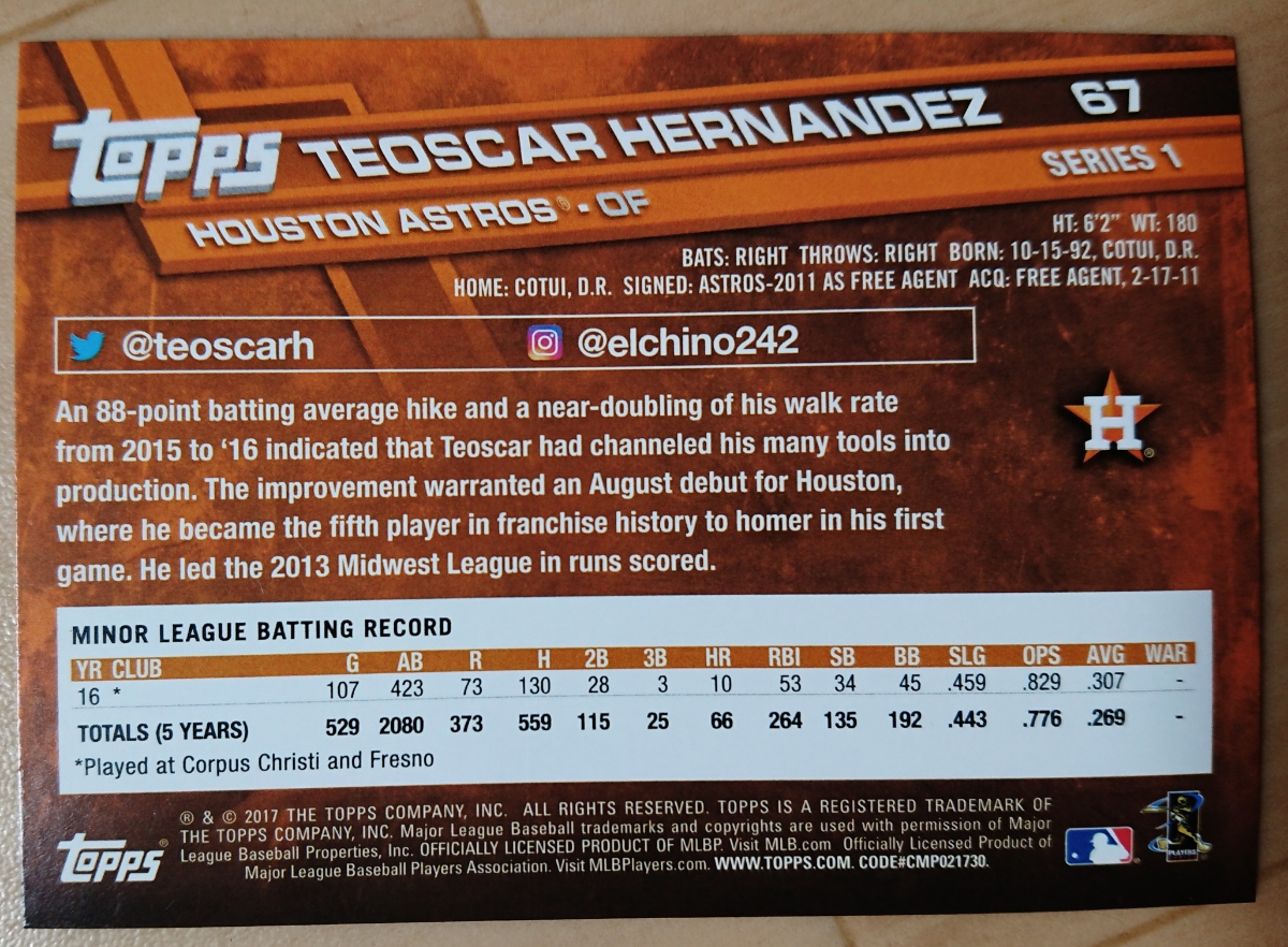 ★RC TEOSCAR HERNANDEZ TOPPS 2017 #67 MLB メジャーリーグ ルーキー ROOKIE CARD テオスカー ヘルナンデス HOUSTON ASTROS アストロズ_画像2