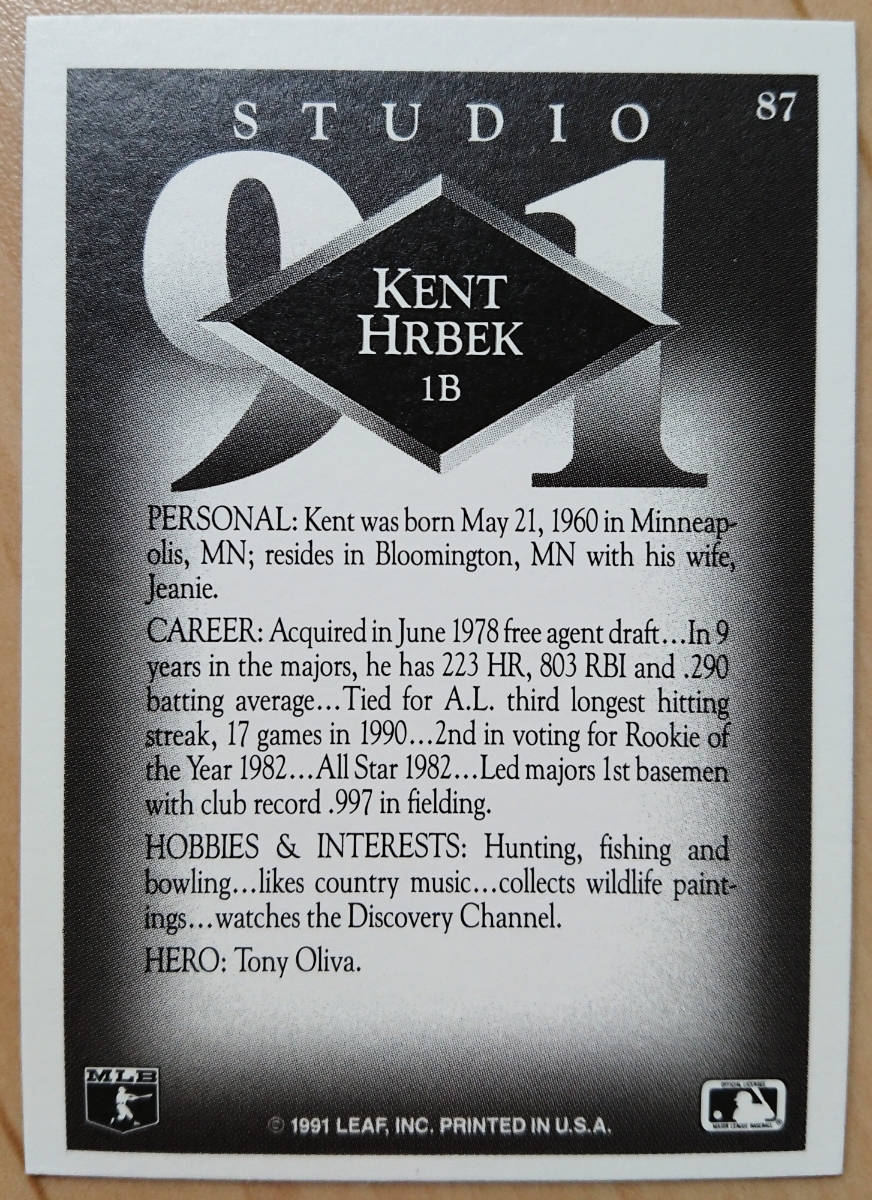 ★KENT HRBEK LEAF 1991 STUDIO '91 #87 MLB メジャーリーグ 大リーグ ケント ハーベック MINNESOTA TWINS ミネソタ ツインズ_画像2