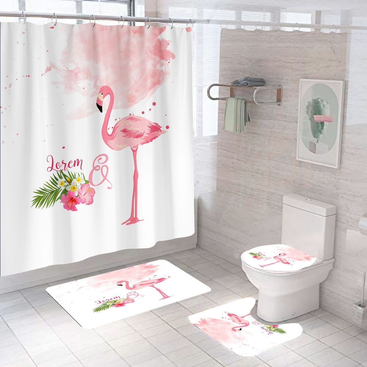  new goods toilet mat toilet cover bathroom mat flamingo 3 point set slip prevention water-repellent tropical 