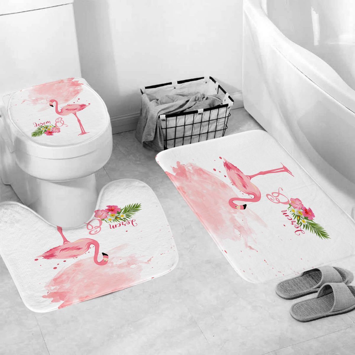  new goods toilet mat toilet cover bathroom mat flamingo 3 point set slip prevention water-repellent tropical 