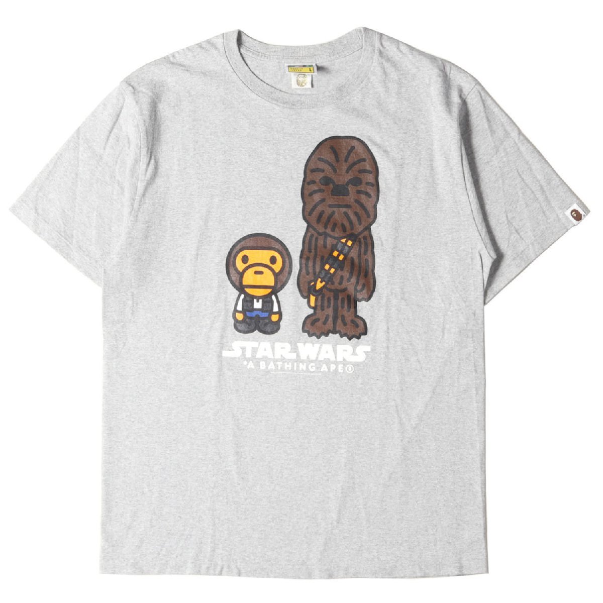 美品 A BATHING APE ア ベイシング エイプ Tシャツ サイズ:L STAR WARS スターウォーズ ベビーマイロ & チューバッカ クルーネック グレー_画像1