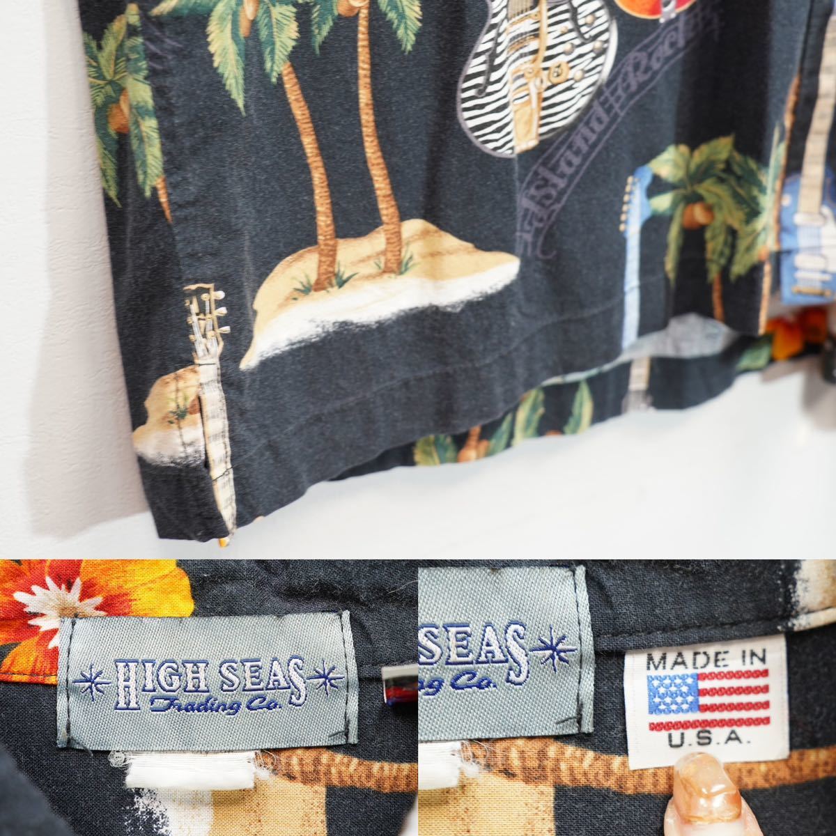 USA VINTAGE HIGH SEAS HALF SLEEVE GUITAR&PALM TREE PRINT DESIGN SHIRT/アメリカ古着ギターとヤシの木プリントデザイン半袖シャツ_画像10