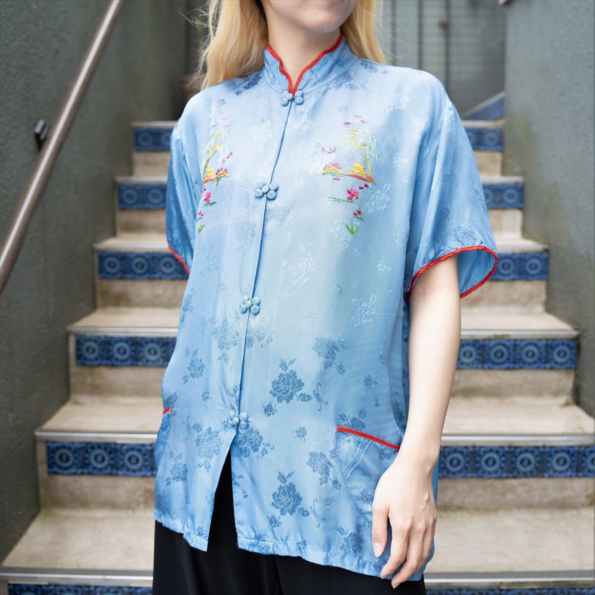 *SPECIAL ITEM* USA VINTAGE GOLDEN BEE EMBROIDERY JACQUARD DESIGN DESIGN CHINA SHIRT/アメリカ古着金蜂ジャガード刺繍チャイナシャツ