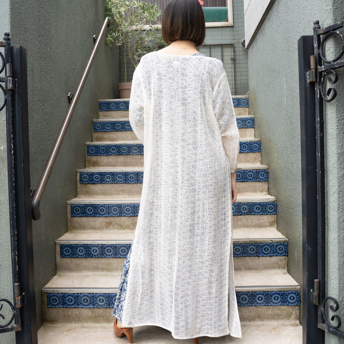 USA VINTAGE CROCHET DESIGN SUMMER KNIT LONG CARDIGAN/アメリカ古着鍵編みデザインサマーニットロングカーディガン_画像3