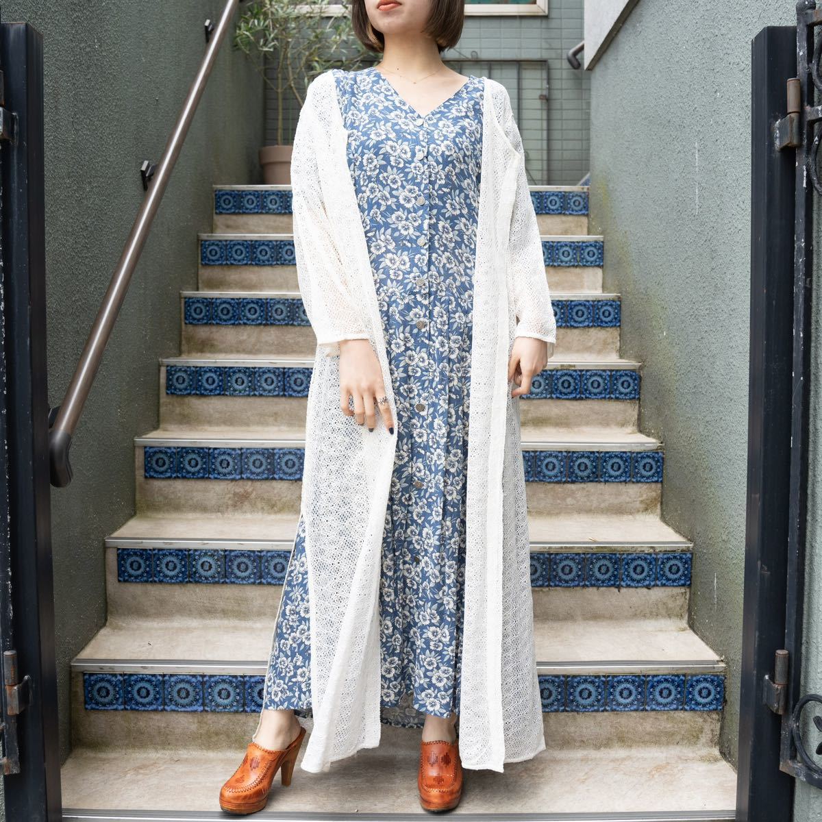 USA VINTAGE CROCHET DESIGN SUMMER KNIT LONG CARDIGAN/アメリカ古着鍵編みデザインサマーニットロングカーディガン_画像1