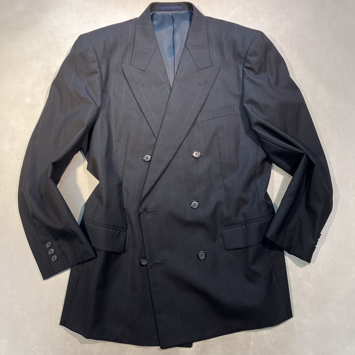  new goods with translation [ size A6 L* summer double-breasted suit ]4B double-breasted suit navy series unlined in the back side Benz 2 tuck . wide setup stripe suit 
