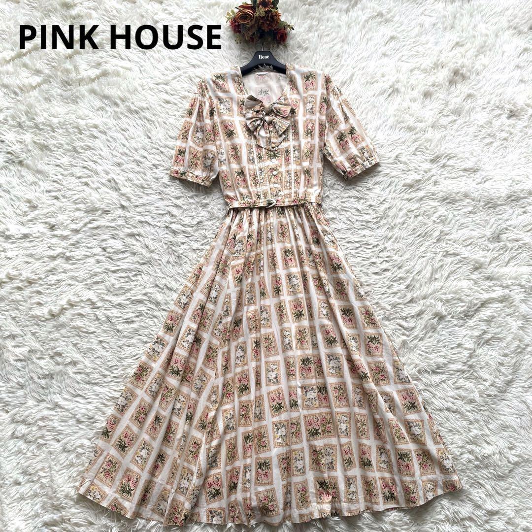PINK HOUSE ピンクハウス　半袖　ロング花柄ワンピース ウエストベルト ピンタック リボン　ポストカード