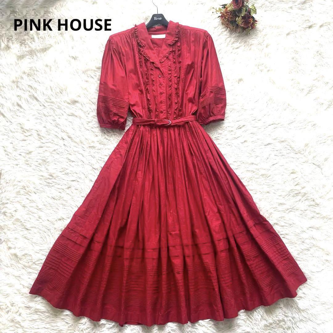 PINK HOUSE ピンクハウス ロング丈七分袖ワンピース レッド ピコフリル