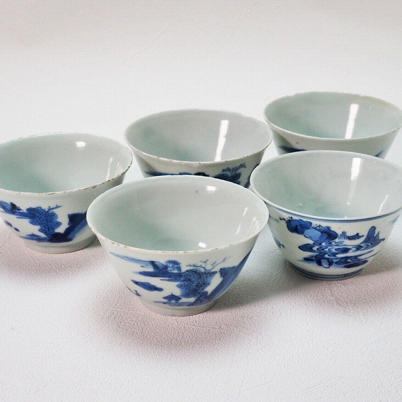 003 中国清時代初期山水文茶碗５客組茶器大明成化年製／中国古陶磁器酒