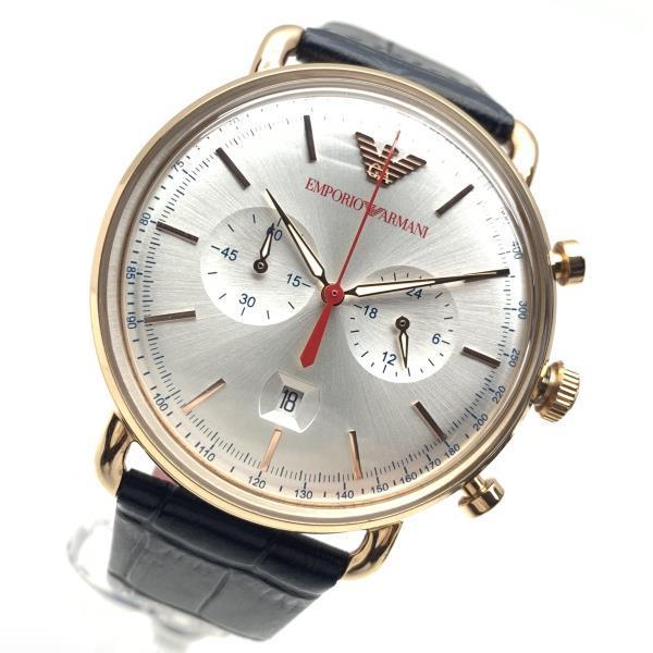 E.ARMANI エンポリオ アルマーニ 腕時計 AR11123 アビエイター クロノグラフ クオーツ シルバー文字盤 レザーベルト メンズ 管理RY21005153