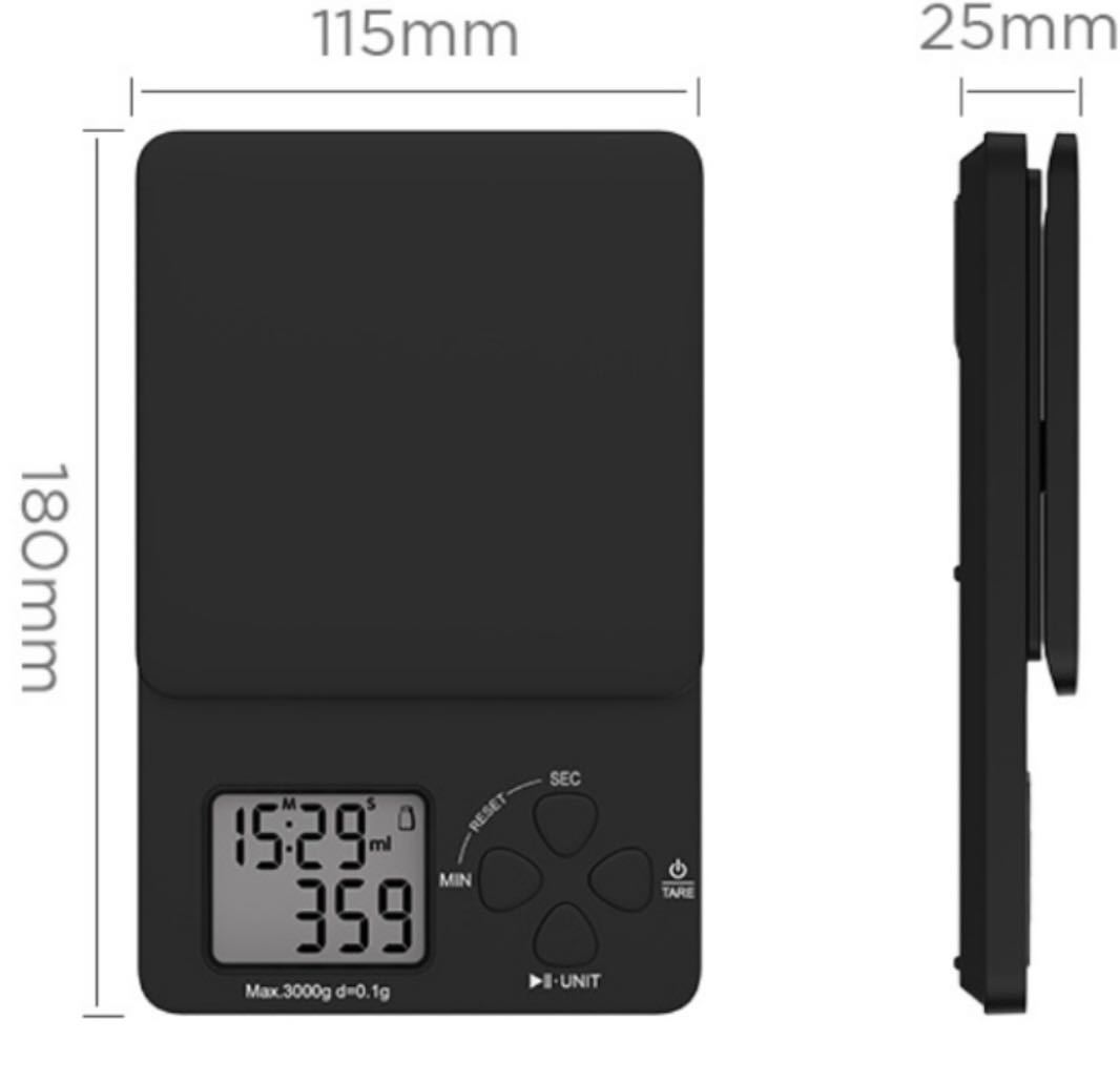 キッチンスケール タイマー付き　0.5g~3k電池付き コンパクト ブラック