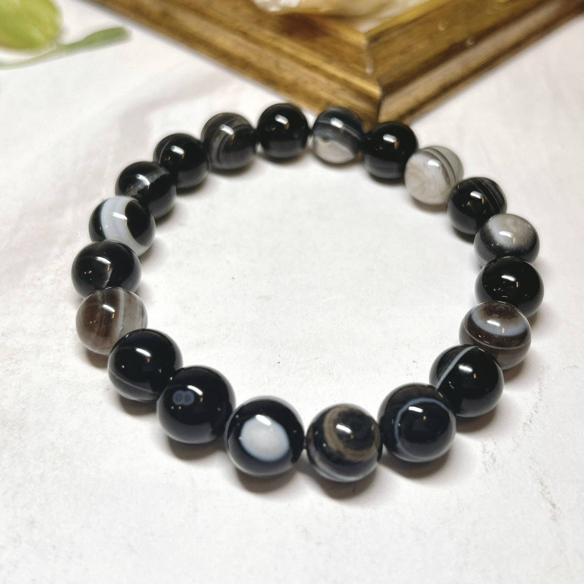 【RE5947】10㎜＊アイアゲート＊ブラック＊目玉石＊ブレスレット＊Eye Agate