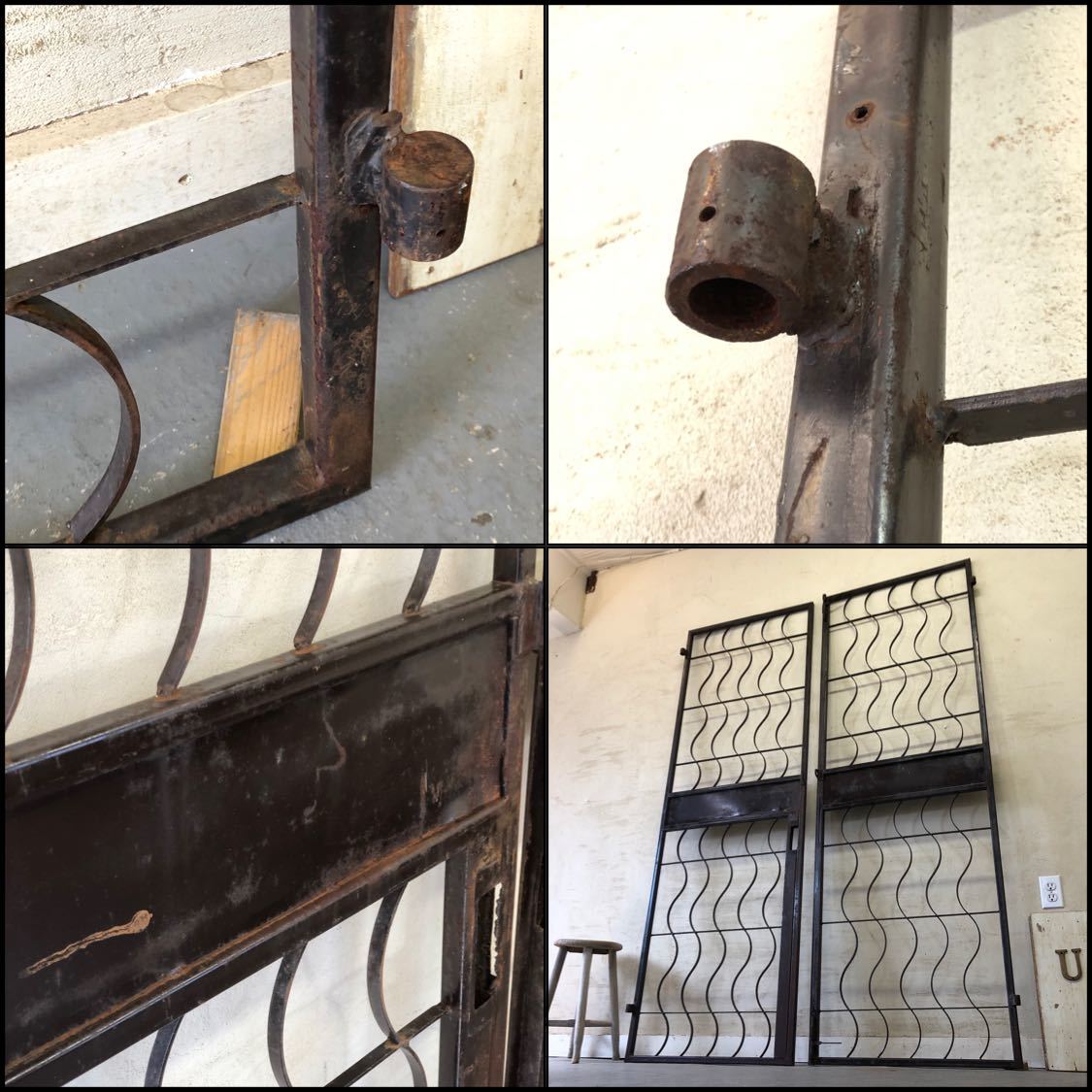 V-119 W138×H206 old iron made. both opening door 2 sheets set fittings double doors fence antique door in dust real divider partition ftg