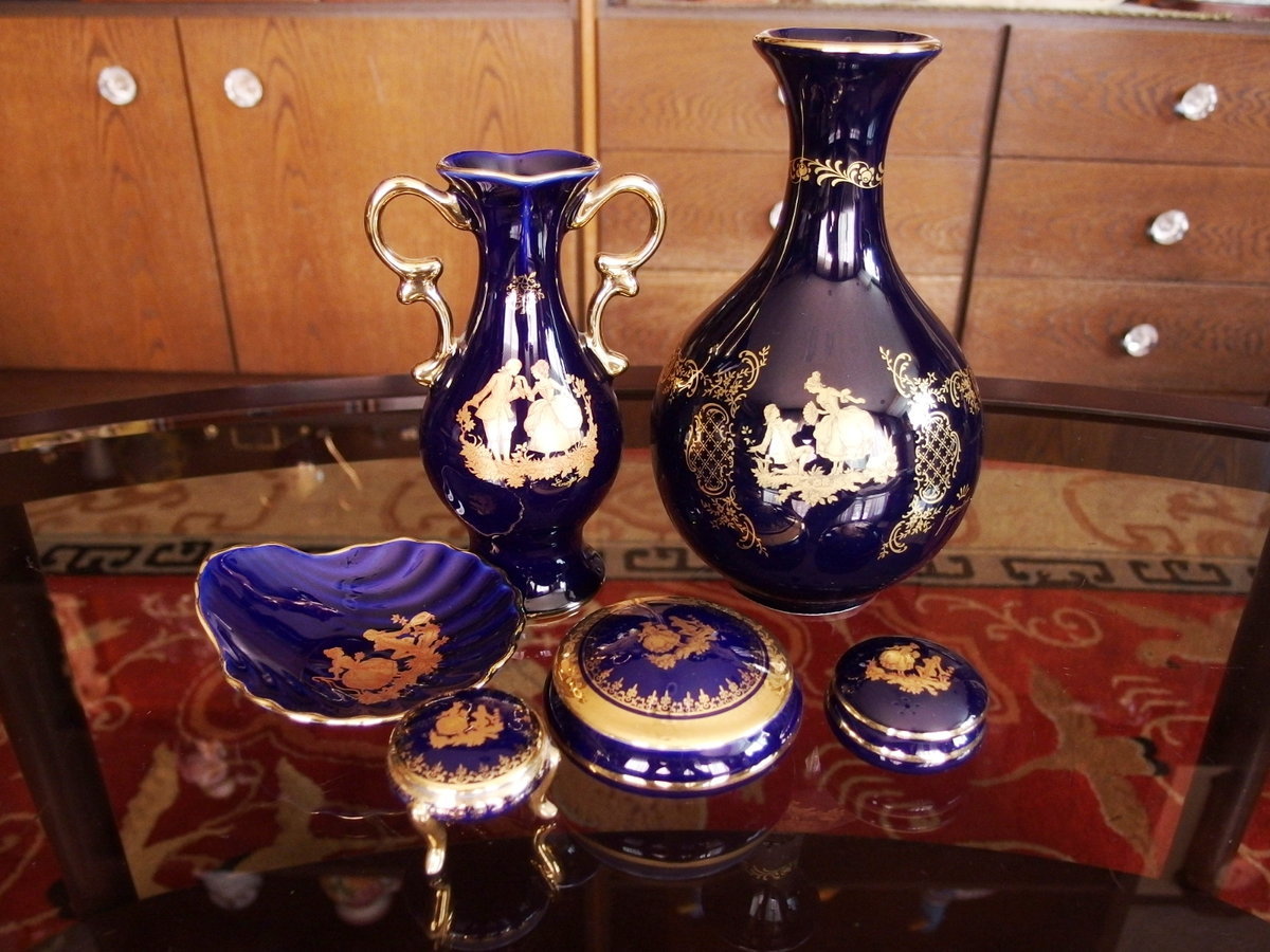 LIMOGES CASTEL 他 フランス製【リモージュ 金彩 コバルトブルー 花瓶