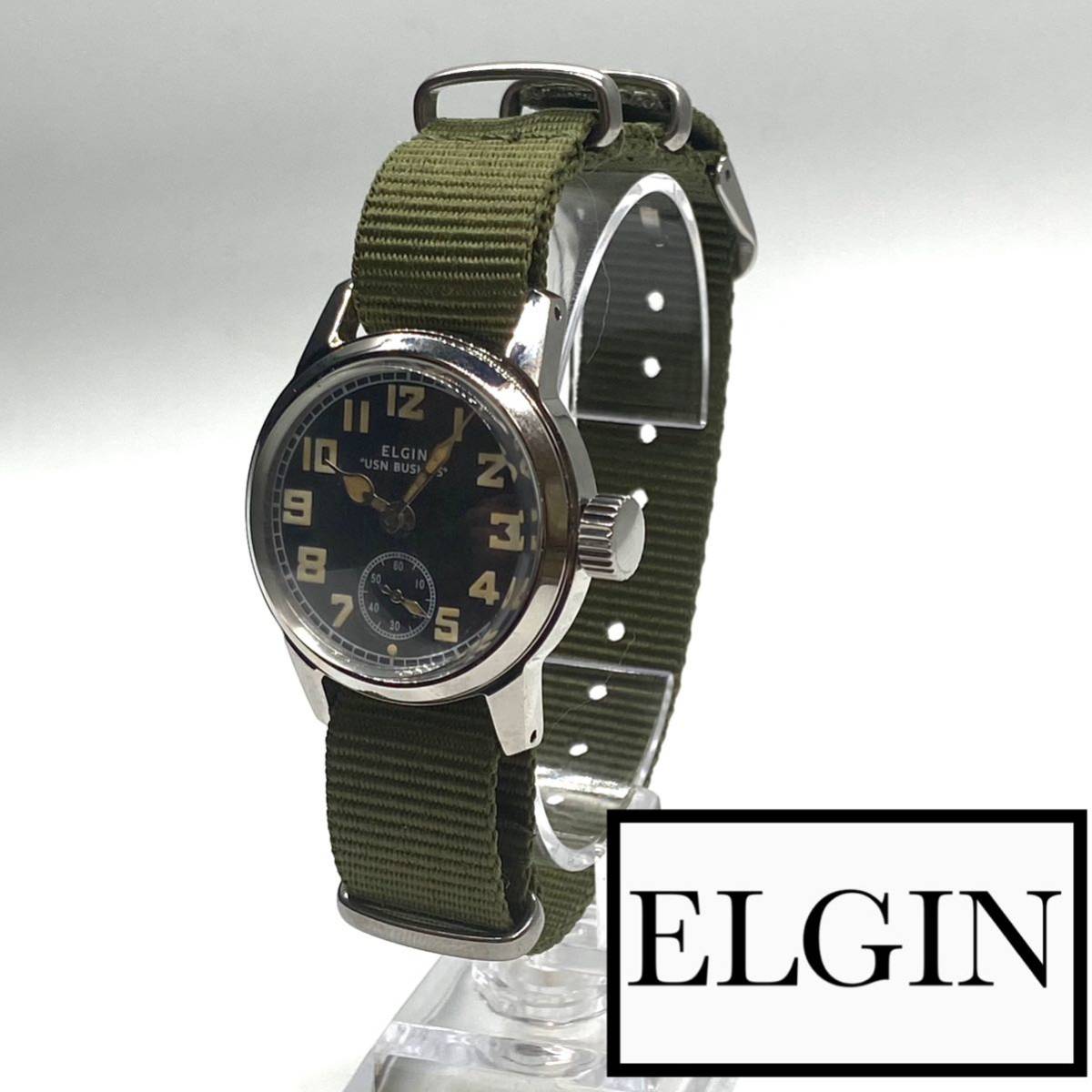 ★OH済 エルジン elgin WWⅡミリタリー 1940s ビンテージ アンティーク ウォッチ 手巻き ブラック メンズ 腕時計 即納 ナイロン 高級品　1_画像1