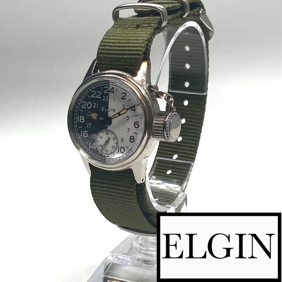 ★OH済 Elgin エルジン WWⅡミリタリー 1940s ビンテージ アンティーク ウォッチ 手巻き ブラック メンズ 腕時計 ナイロン ツートーン 1