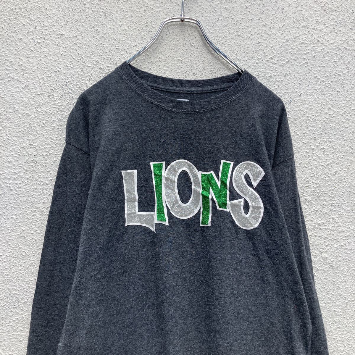 RUSSELL 長袖 プリント Tシャツ M グレー ラメ LIONS ラッセル ロンT 古着卸 アメリカ仕入 a506-5064_画像2